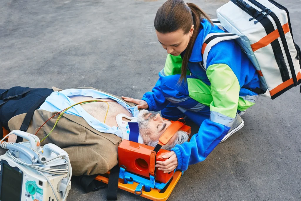 A man strapped down on a stretcher after injury.