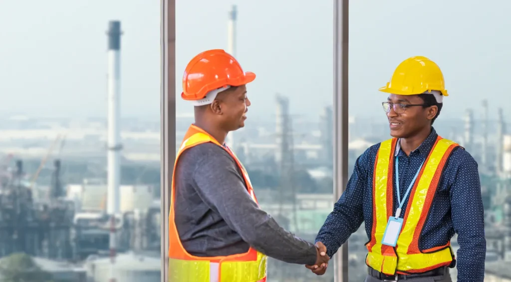 Two workers talking.
